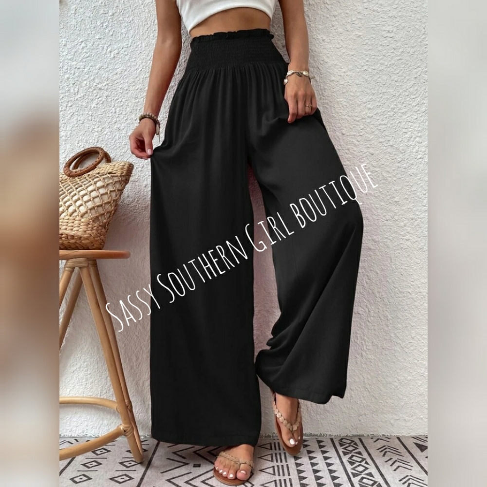 ⭐🆕 Boho black cotton smocked wide leg pants